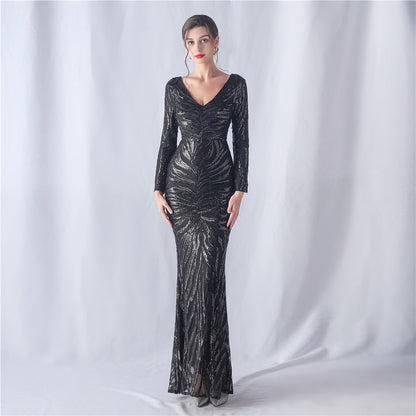 Positioning Floral Cutting Craft Magic Color Sequin Annual Meeting Wedding Long Sleeve Evening Dress by Ragazza