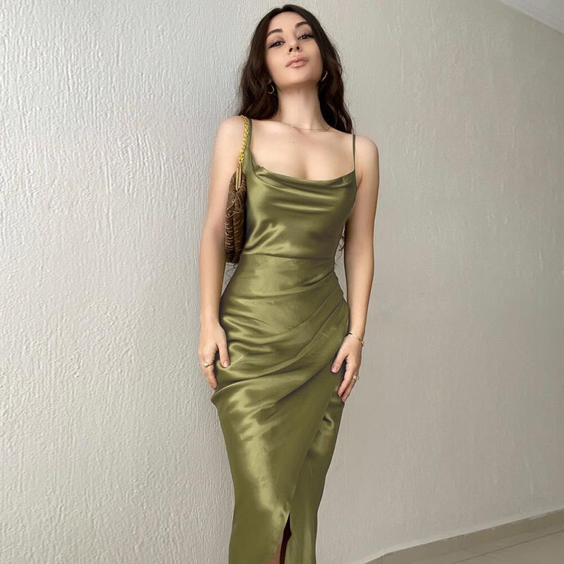 Sexy Sexy Low Cut Satin Split Sling Dress Slim Backless Maxi Dress by Ragazza