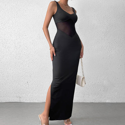 Milk Silk Stitching Mesh Cami Dress Sexy Split Backless Formal Dress Maxi Dress by Ragazza
