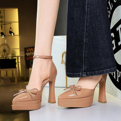 Sexy Double Layer Waterproof Platform Super High Heel Buckle Bow Patent Leather Pointed Toe Hollowed  DestGlow