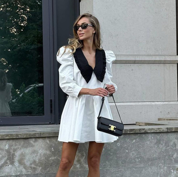 Spring Autumn French Black White Contrast Color Doll Collar Short Dress Women Elegant Pleated A line Dress by Ragazza