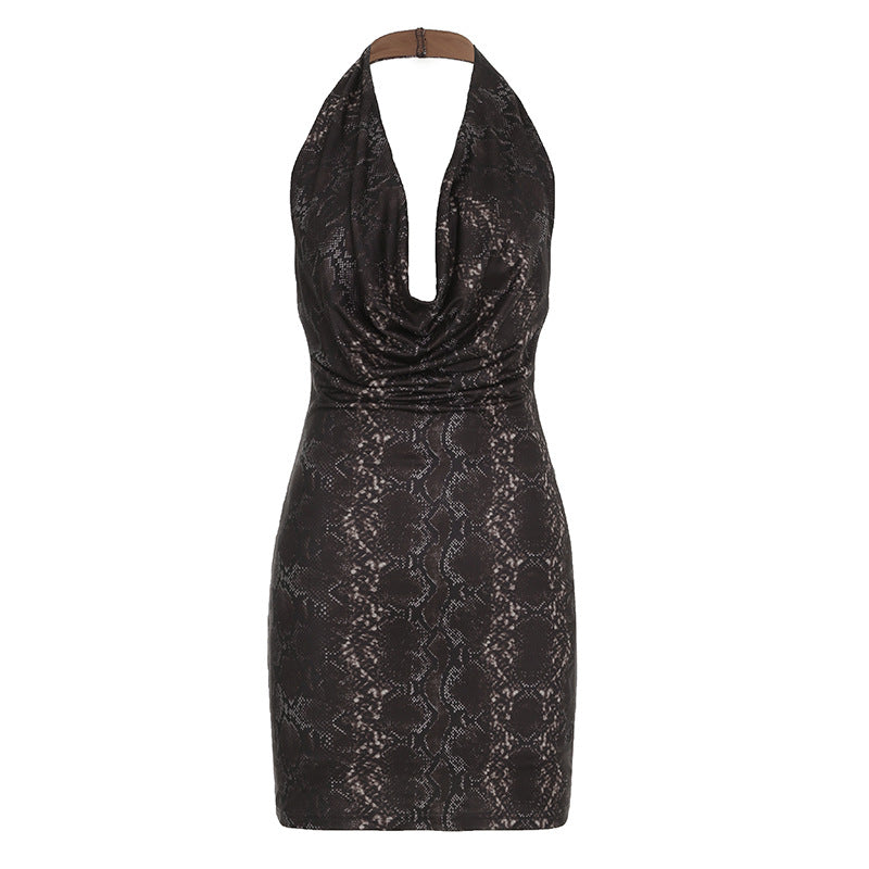 Metallic Glossy Features Swing Collar Sleeveless Halter Dress Backless Sheath Sexy Dress by Ragazza