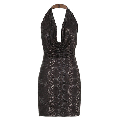 Metallic Glossy Features Swing Collar Sleeveless Halter Dress Backless Sheath Sexy Dress by Ragazza