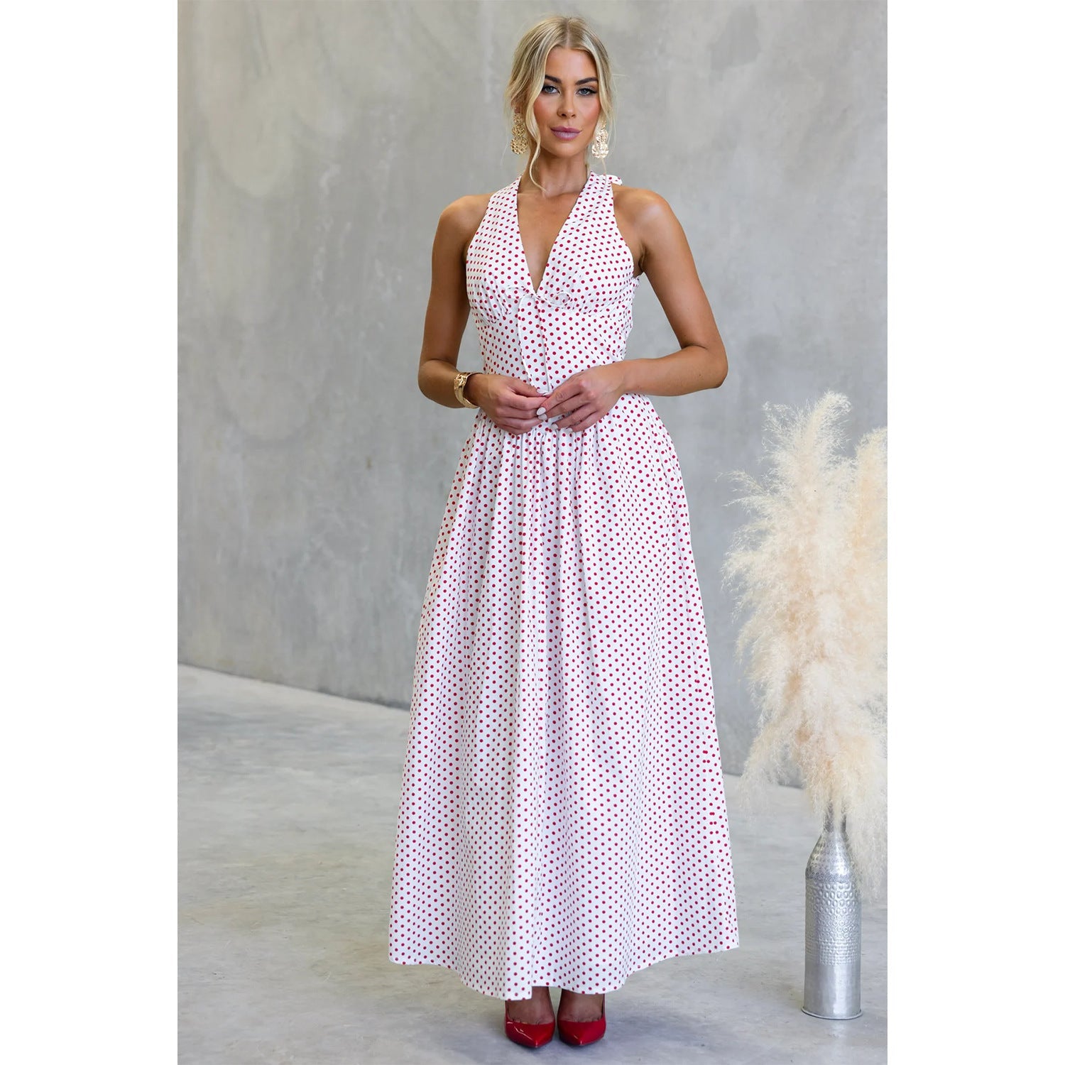 Goods Polka Dot Halter Deep V Plunge Dress Vacation Dress by Ragazza