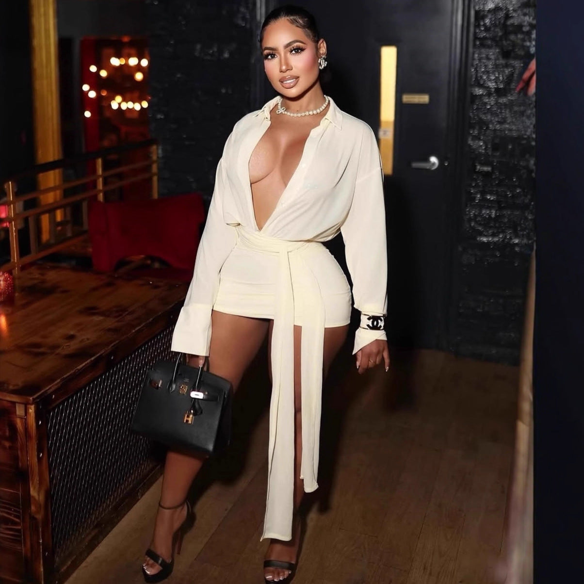 Women Clothing Tied Long Sleeves Fashionable Elegant Sexy Cardigan Hollow Out Cutout out Maxi Dress Women by Ragazza