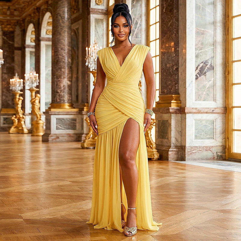 Solid Color Women Split Draped Sleeveless Waist Hip Dress V neck Pleated Dress  DestGlow