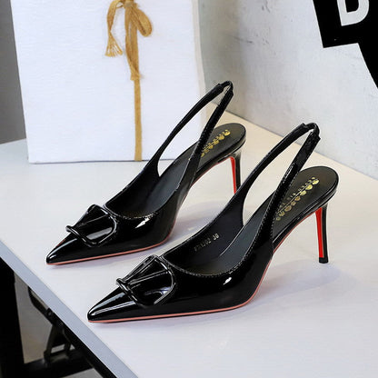 Pointed Stiletto Heel Back Empty V Buckle High Heel Shoes Patent Leather Sexy Red Bottom Party Shoes Pumps Women  DestGlow