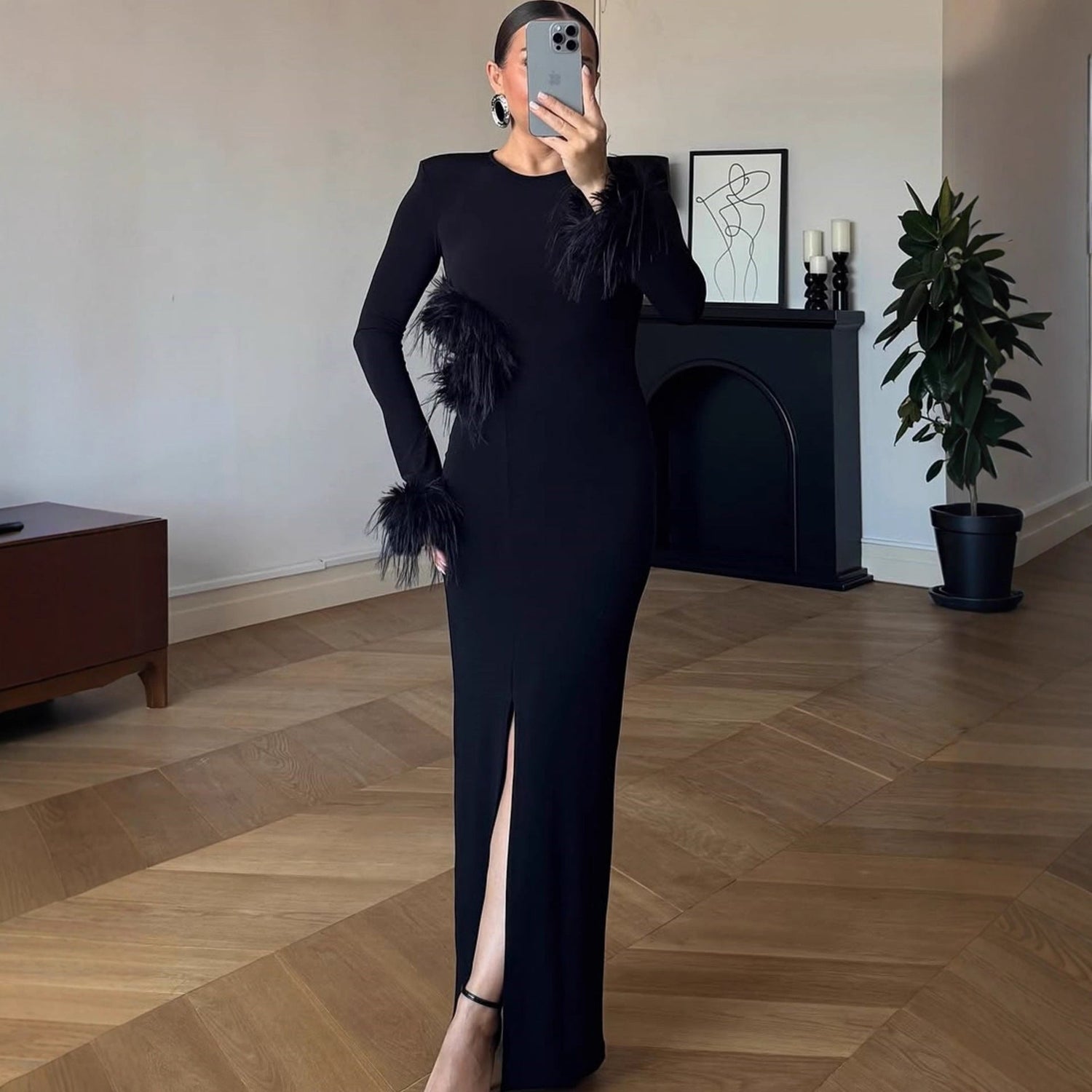 Women Maxi Dress Dignified Hollow Out Cutout Slim Feather Decoration Long Sleeve Autumn Winter Dress Women by Ragazza
