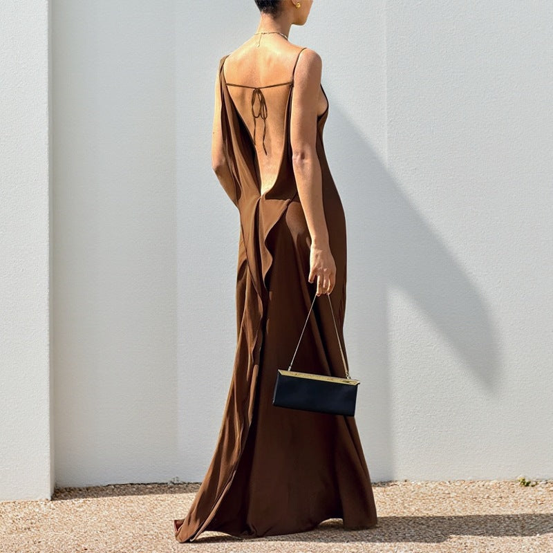 Summer Slim Fit Maxi Dress Autumn Casual Strap Satin Dress for Women  DestGlow