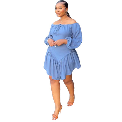 Sexy Slim Fit Solid Color Lace Band Elastic off Shoulder Lantern Sleeve Dress by Ragazza