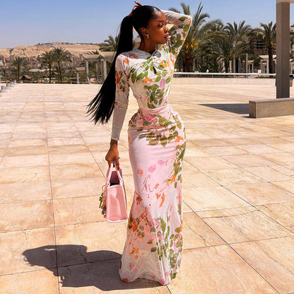 Waist Controlled Women Clothing Ladies Cocktail Hip Dress All Matching High Neck Long Sleeve Holiday Dress  DestGlow