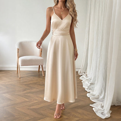 Simple Elegant Champagne Satin V neck Strap Dress by Ragazza