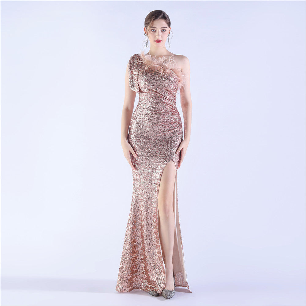 Craft Floral plus Ostrich Feather High End Sequined One Shoulder Evening Dress by Ragazza