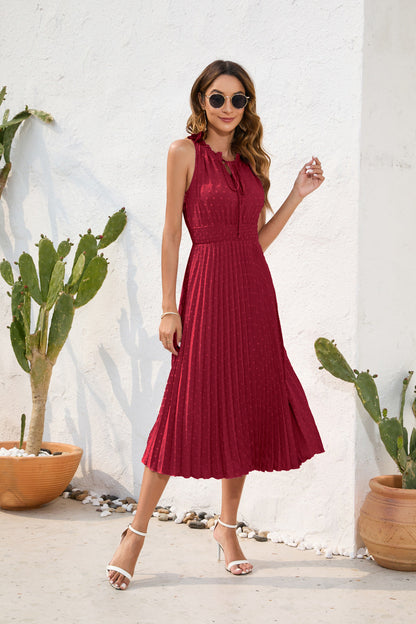 Tied High Waist Pleated Fur Ball Dress Sleeveless Summer Dress Casual Vacation Travel Dress by Ragazza