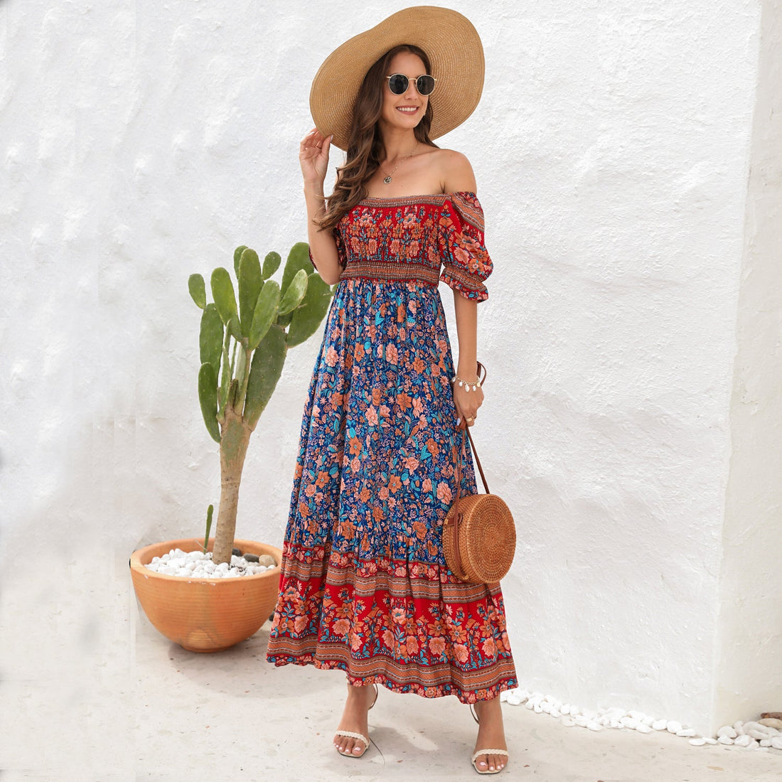 Bohemian Beach Holiday Dress off Shoulder Puff Sleeve Floral Mid Length Dress by Ragazza