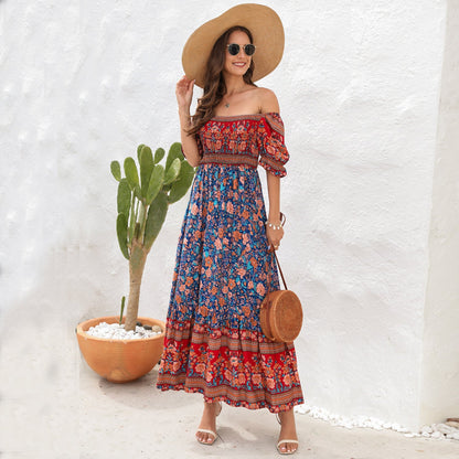 Bohemian Beach Holiday Dress off Shoulder Puff Sleeve Floral Mid Length Dress by Ragazza