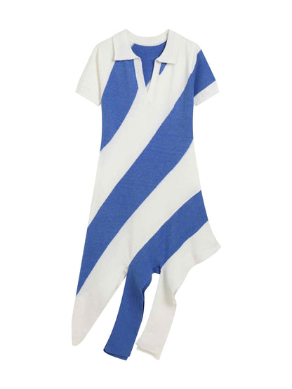 Slim Fit Knitted Dress Collared Polo Collar Tassel Striped Color Matching Personality Short Sleeve Dress by Ragazza