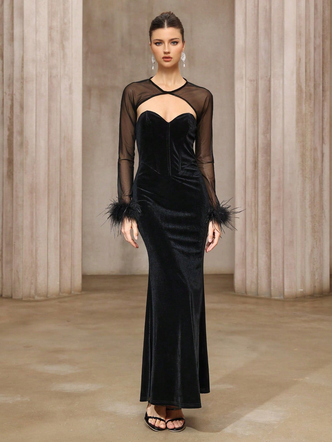 Dress Two Piece Semi Transparent Mesh Top Velvet Tube Top Dress Dinner Light Luxury Cheongsam by Ragazza