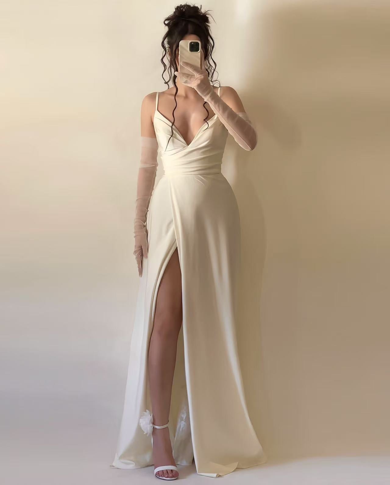 Autumn Winter Elegant Sexy Sling Slit V neck Pleated Ball Dress  DestGlow