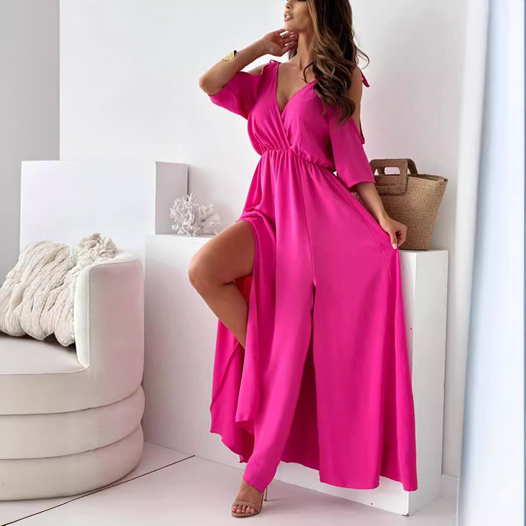 Women Clothing Solid Color Sexy Sling Half Sleeve Mid Length Dress by Ragazza