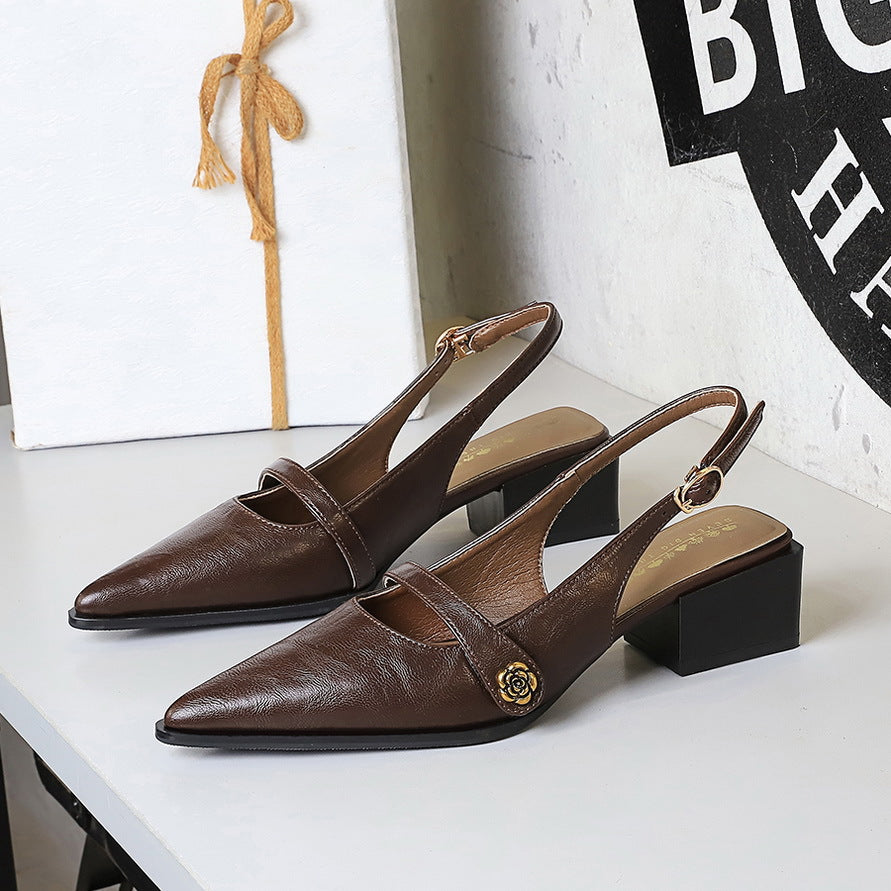 Retro Brown Camellia Pumps Word with Chunky Heel Low Heel Back Empty Back Strap Women Shoes  DestGlow