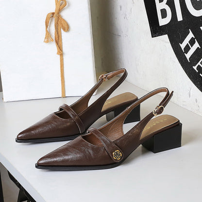 Retro Brown Camellia Pumps Word with Chunky Heel Low Heel Back Empty Back Strap Women Shoes  DestGlow