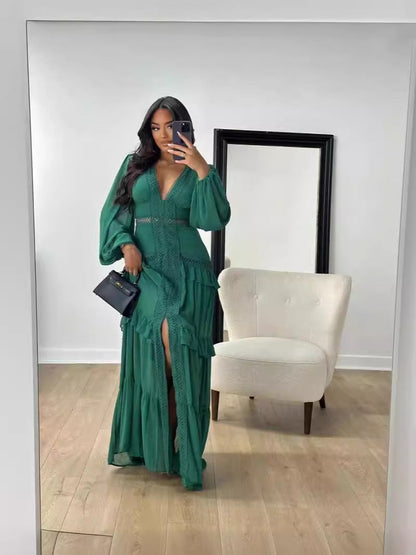 Autumn Winter Elegant Stitching Long Sleeve V Neck Dress Women Dress by Ragazza