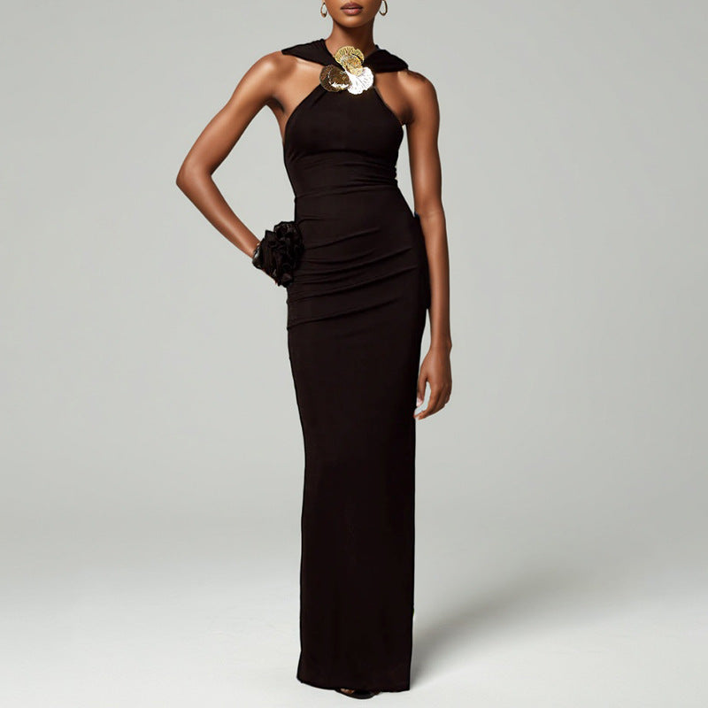 Socialite Halter Formal Dress Niche Metal Buckle Decoration Slim Slimming Maxi Dress Women by Ragazza