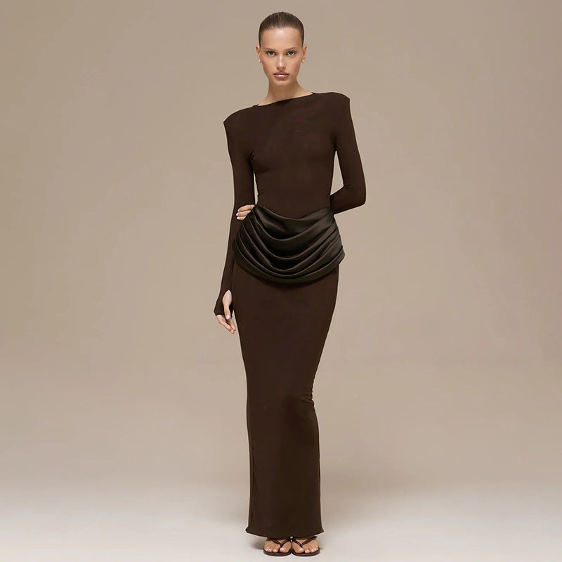 Women Clothing Autumn Winter Elegant Lady Slim Fit Long Sleeve Pleated Sheath Maxi Dress by Ragazza