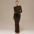 Women Clothing Autumn Winter Elegant Lady Slim Fit Long Sleeve Pleated Sheath Maxi Dress by Ragazza