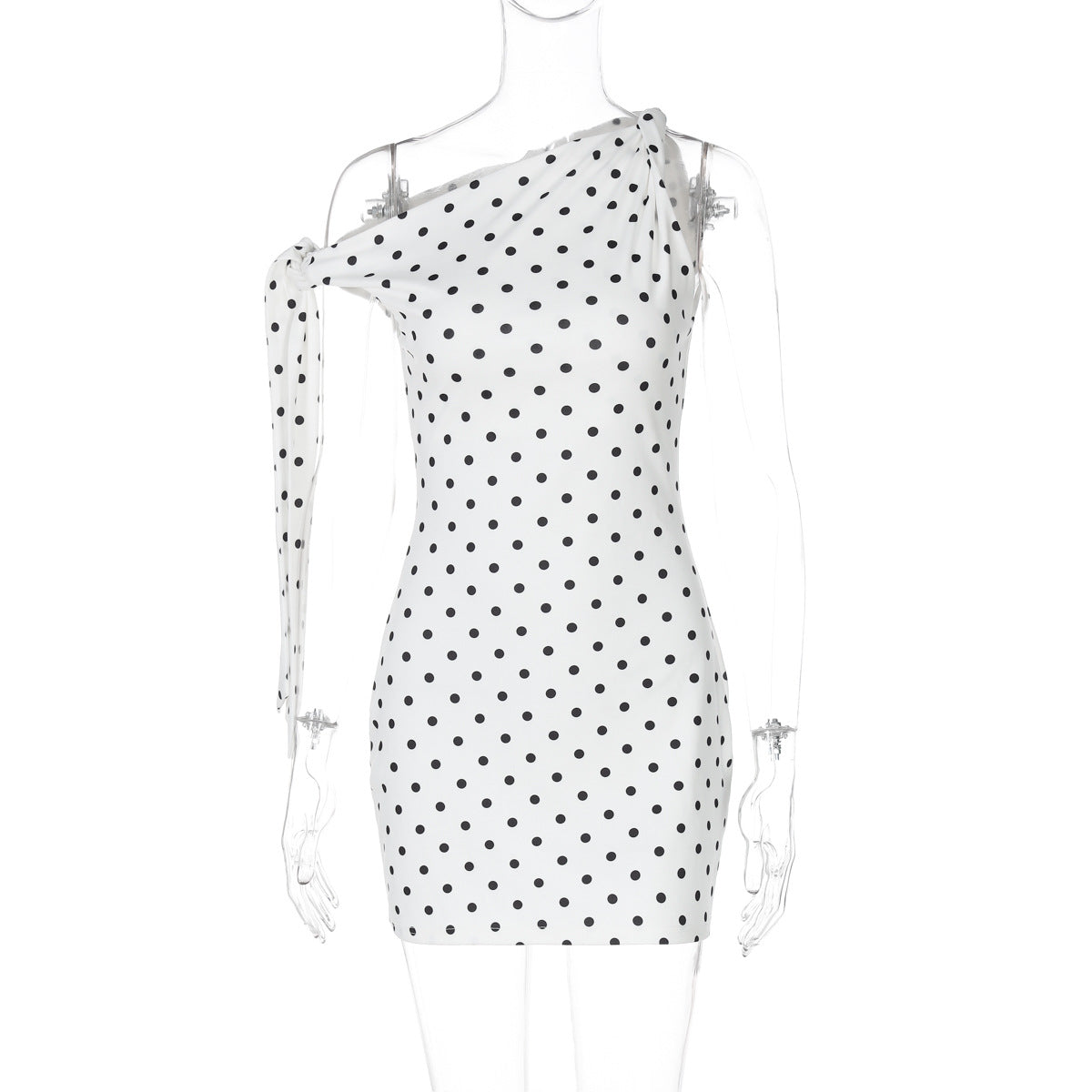 Women Clothing Spring Summer Sexy Polka Dot Printed Shoulder Lace up Slim Fit Hip Bag Dress by Ragazza