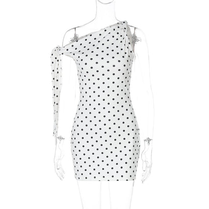 Women Clothing Spring Summer Sexy Polka Dot Printed Shoulder Lace up Slim Fit Hip Bag Dress by Ragazza