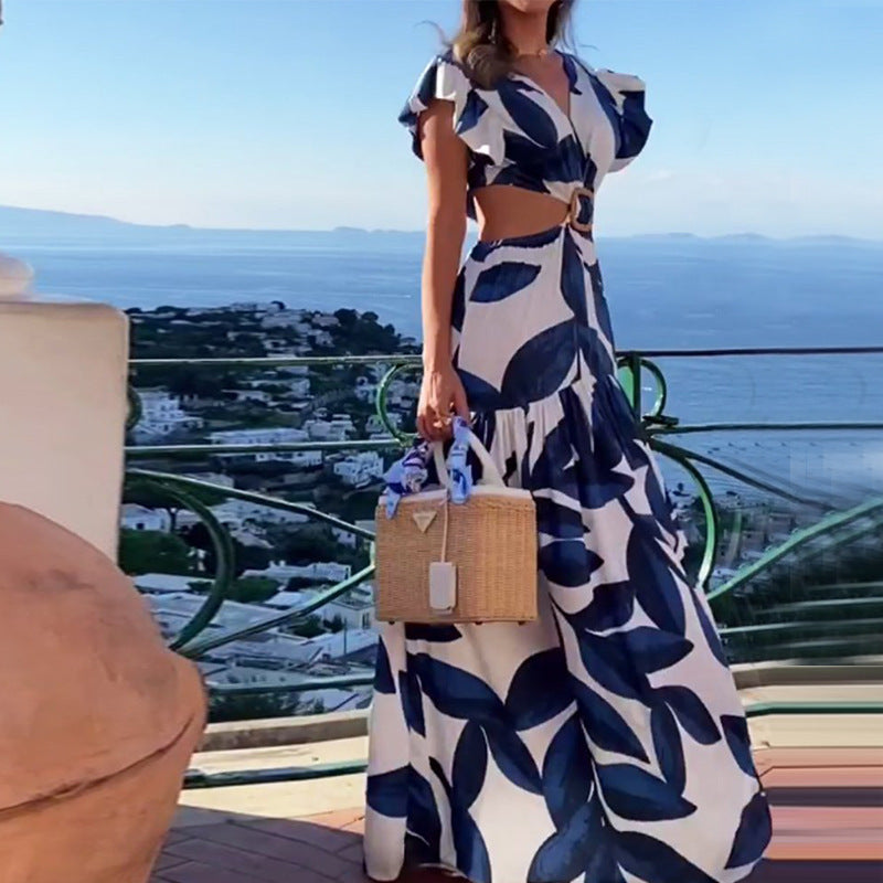 Summer Women Printed V Neck Sexy Waist Lace Up Pleated Dress by Ragazza