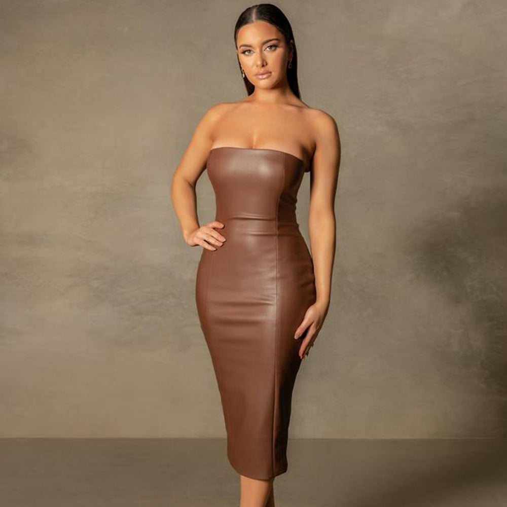 Autumn Winter Solid Color Faux Leather Elegant Slim-Fit Tube Top Back Slit Sexy Midi Dress by Ragazza