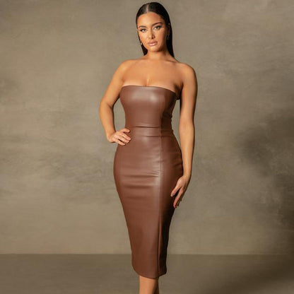 Autumn Winter Solid Color Faux Leather Elegant Slim-Fit Tube Top Back Slit Sexy Midi Dress by Ragazza