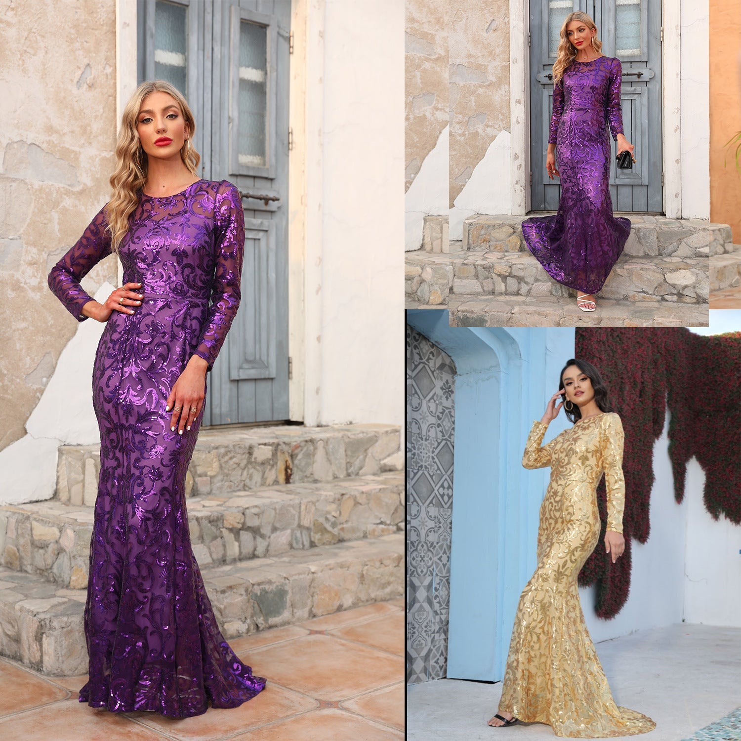 Spring Autumn Sequined Dress Purple Crew-Neck Long Evening Dress Long Sleeve Dress by Ragazza