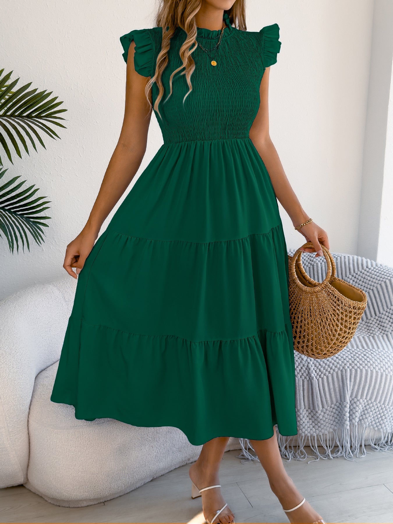 Women Clothing Spring Summer Solid Color Stringy Selvedge Flying Sleeves Smocking Waist-Slimming Maxi Dress by Ragazza