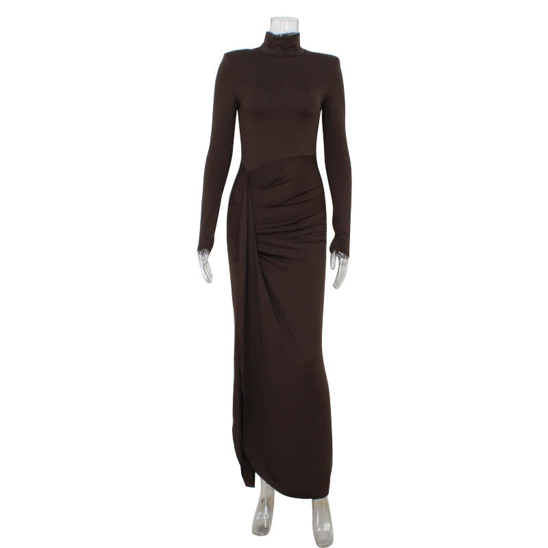 Fall Winter Women High Collar Long Sleeve Stitching Lace up Waist Controlled Slim Fit Solid Color Dress Women by Ragazza