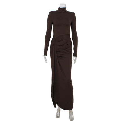 Fall Winter Women High Collar Long Sleeve Stitching Lace up Waist Controlled Slim Fit Solid Color Dress Women by Ragazza