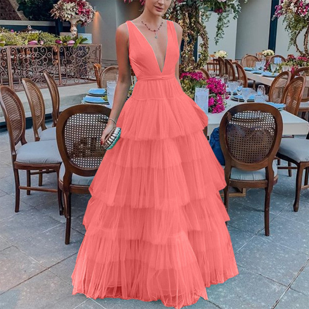 Summer Women Clothing Dress Net Yarn Cake Dress V neck Brace Evening Dress by Ragazza