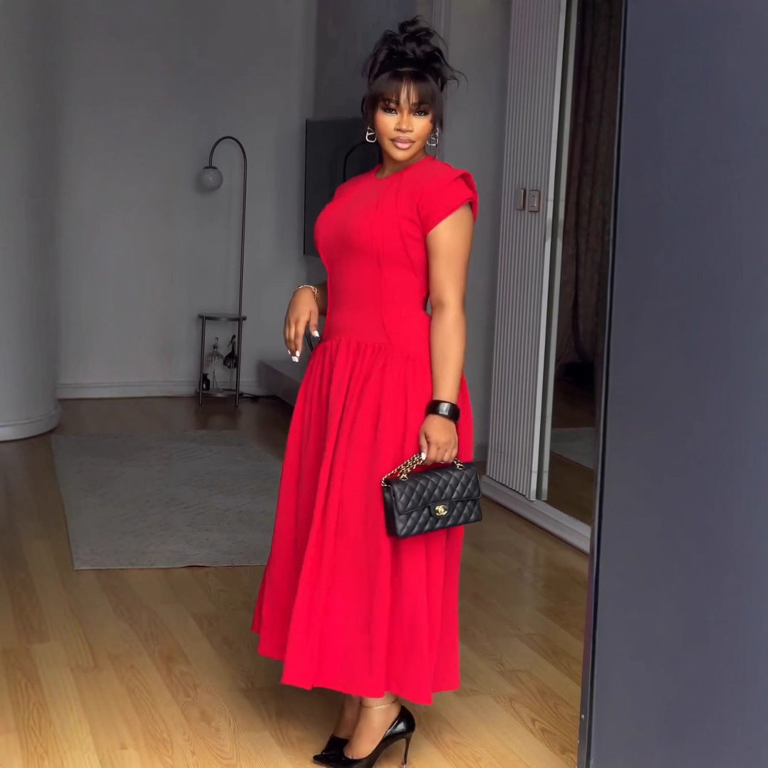 Elegant Elastic Waist Tightening Pleated Flounced Sleeve Lace Dress by Ragazza