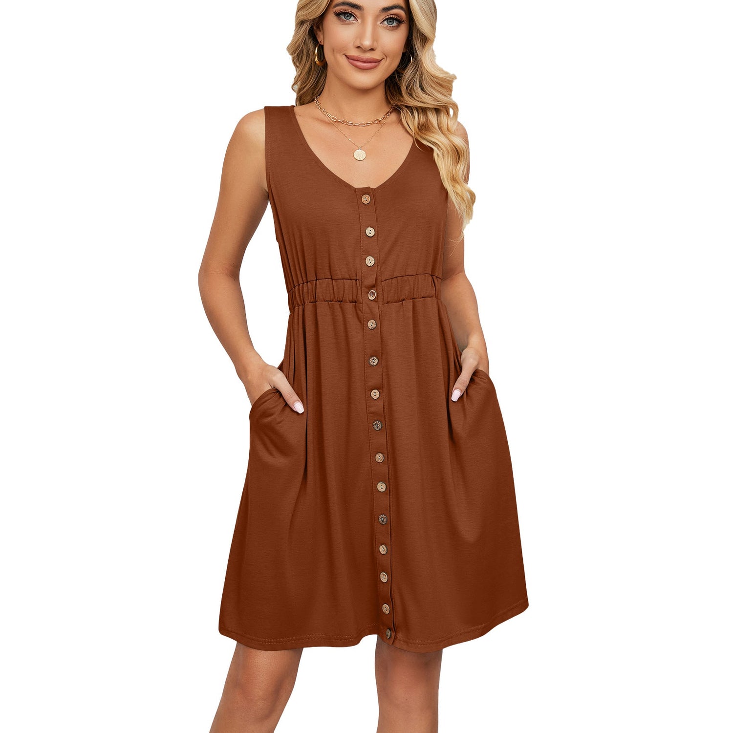 Spring Summer Solid Color Sleeveless Button Pocket Crew Neck Split Waist Dress by Ragazza