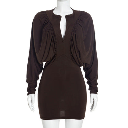 Women Clothing Autumn Solid Color Casual Draped Long Sleeve Pleated Zipper Slim Short Dress  DestGlow