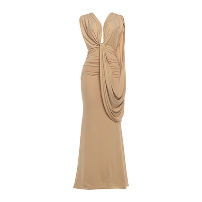 Autumn Winter Women Ribbon Pleated Deep V Plunge neck Sexy Slim Fit Backless Sheath Dress by Ragazza