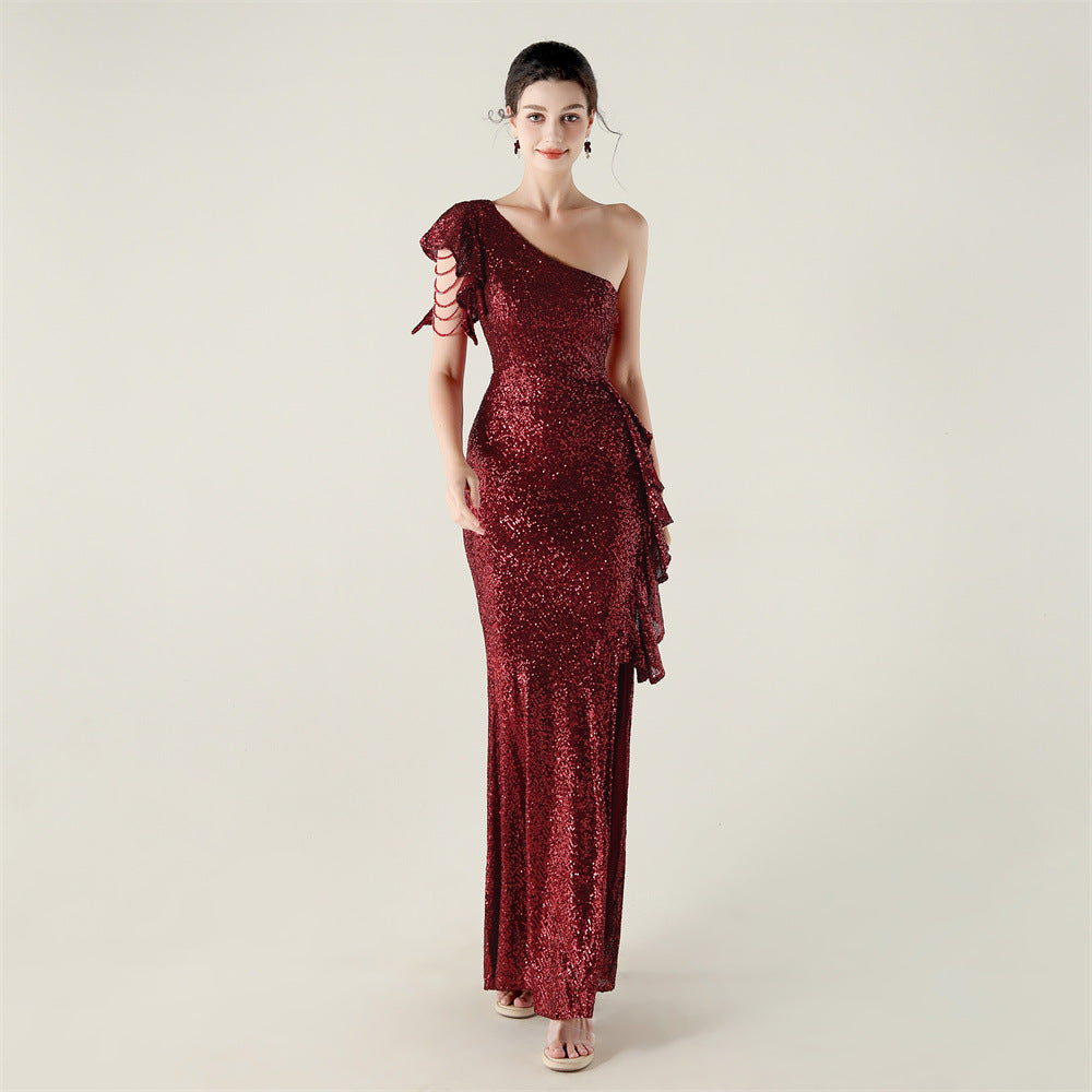One Shoulder Ruffles Embellished Beaded Chain Handmade Sequined Evening Dress Cocktail Party Wedding by Ragazza