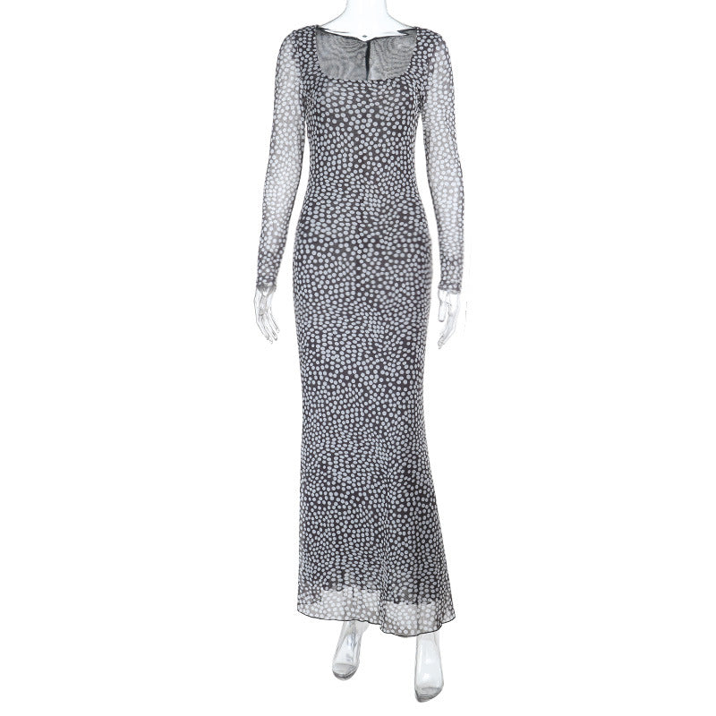 Sexy Square Neck Polka Dot Dress Autumn Winter Elegant Slim Fit Long Sleeve Dress by Ragazza