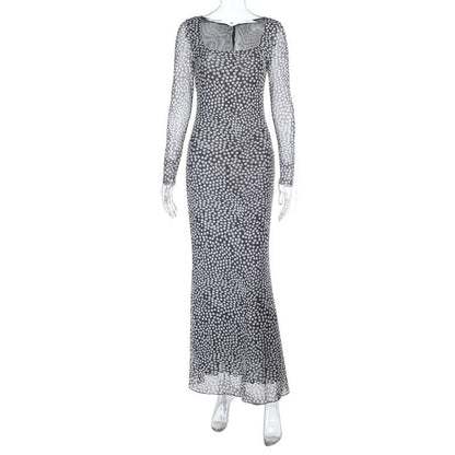 Sexy Square Neck Polka Dot Dress Autumn Winter Elegant Slim Fit Long Sleeve Dress by Ragazza