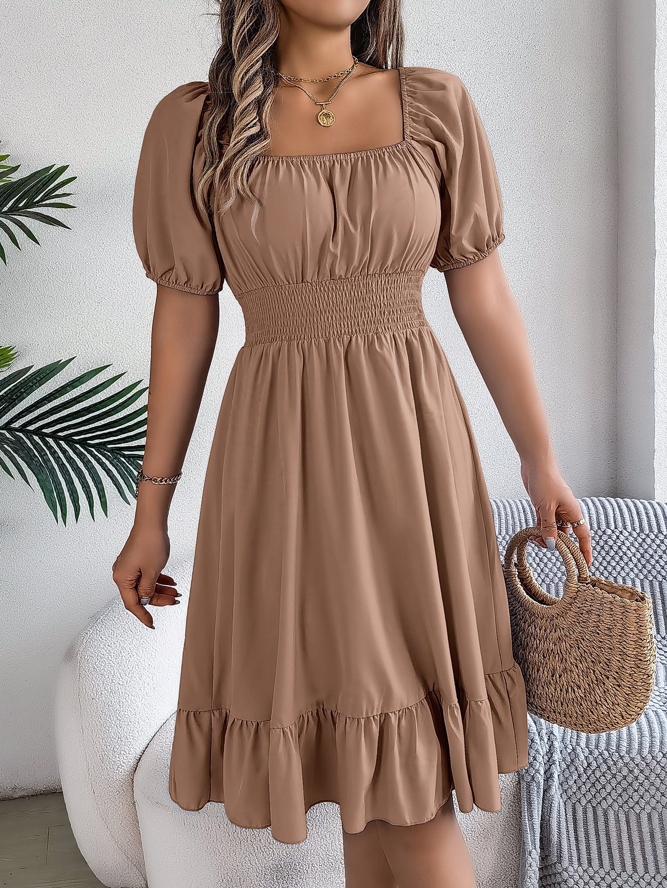 Spring Summer Casual Square Collar Short Sleeve Waist Trimming Ruffles A line Dress Women Clothing by Ragazza