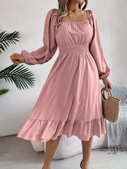 Spring Summer Casual Solid Color Square Collar Long Sleeve Waist Trimming Ruffles A line Dress Women Clothing by Ragazza