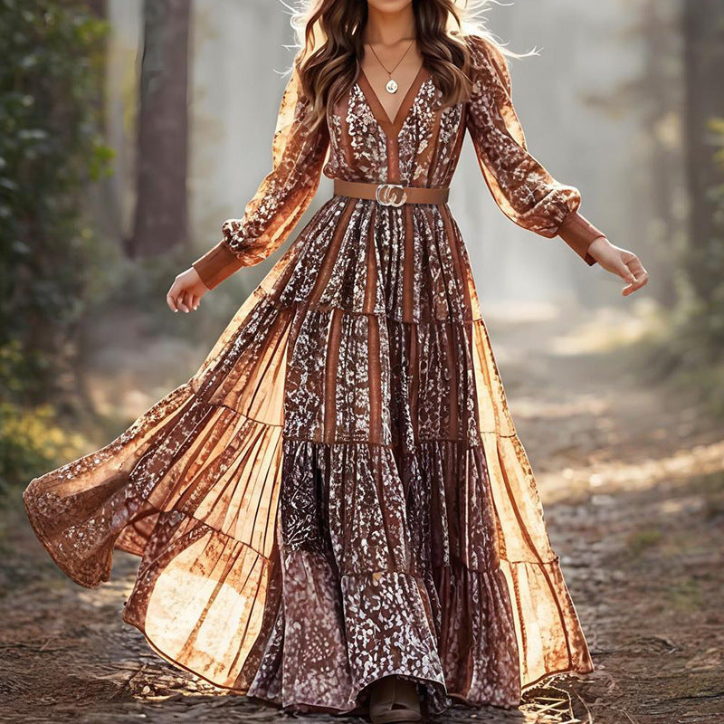 Women Printed Fashionable V neck Bohemian Maxi Dress by Ragazza